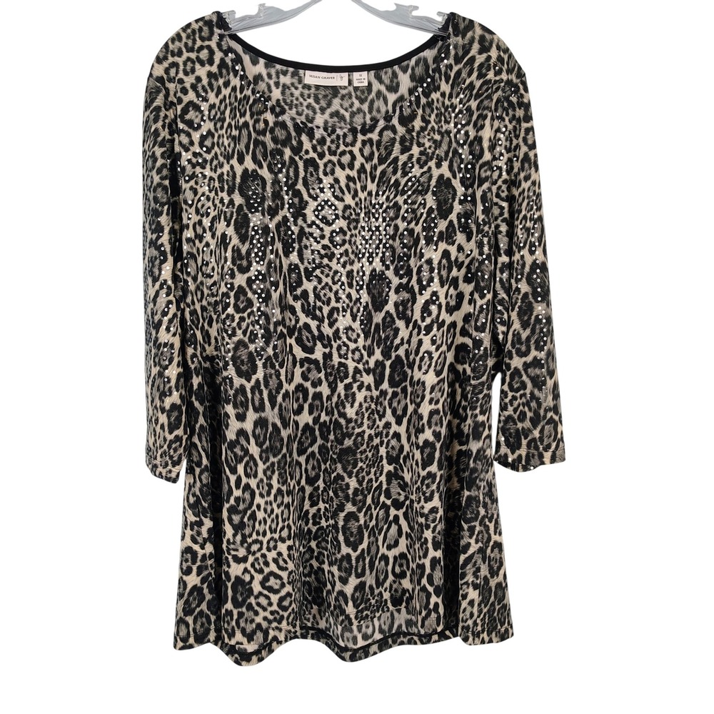 Susan Graver Womens 1X Leopard Print Rhinestone Tunic Top Multicolor Mobwife